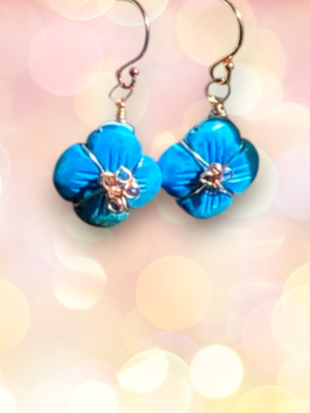Summery Turquoise Flower Earrings with Rose Gold Accents, December Birthstone
